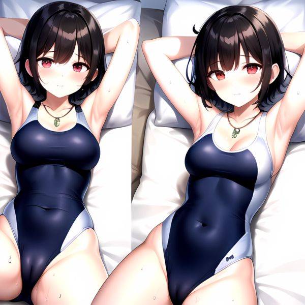 Tutinako Morino Rinze 1girl Black Hair Blush Closed Mouth Competition Swimsuit Covered Navel Heart Jewelry Looking At Self Lying, 1226852418 - AIHentai - aihentai.co on pornintellect.com