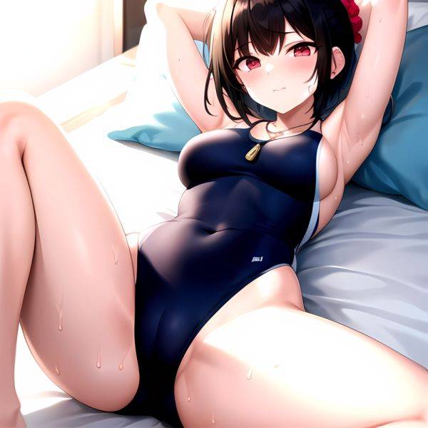 Tutinako Morino Rinze 1girl Black Hair Blush Closed Mouth Competition Swimsuit Covered Navel Heart Jewelry Looking At Self Lying, 640381246 - AIHentai - aihentai.co on pornintellect.com