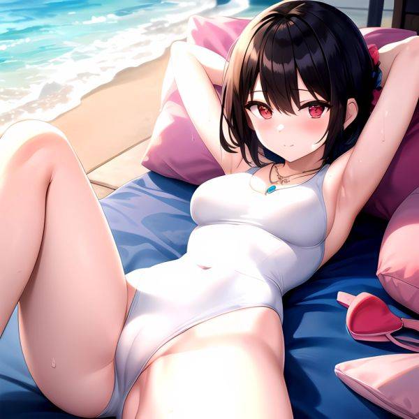 Tutinako Morino Rinze 1girl Black Hair Blush Closed Mouth Competition Swimsuit Covered Navel Heart Jewelry Looking At Self Lying, 1074406290 - AIHentai - aihentai.co on pornintellect.com