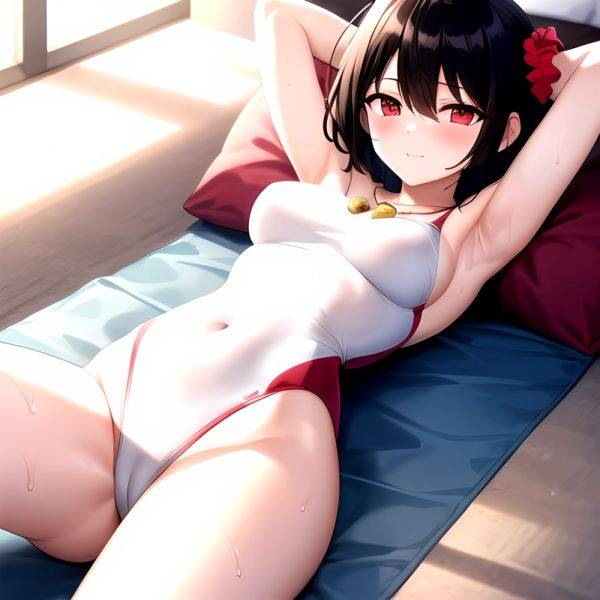 Tutinako Morino Rinze 1girl Black Hair Blush Closed Mouth Competition Swimsuit Covered Navel Heart Jewelry Looking At Self Lying, 973917290 - AIHentai - aihentai.co on pornintellect.com