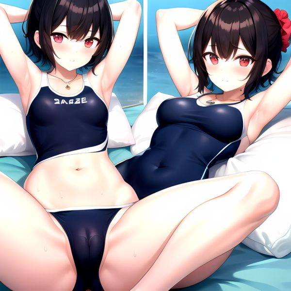 Tutinako Morino Rinze 1girl Black Hair Blush Closed Mouth Competition Swimsuit Covered Navel Heart Jewelry Looking At Self Lying, 2145032716 - AIHentai - aihentai.co on pornintellect.com
