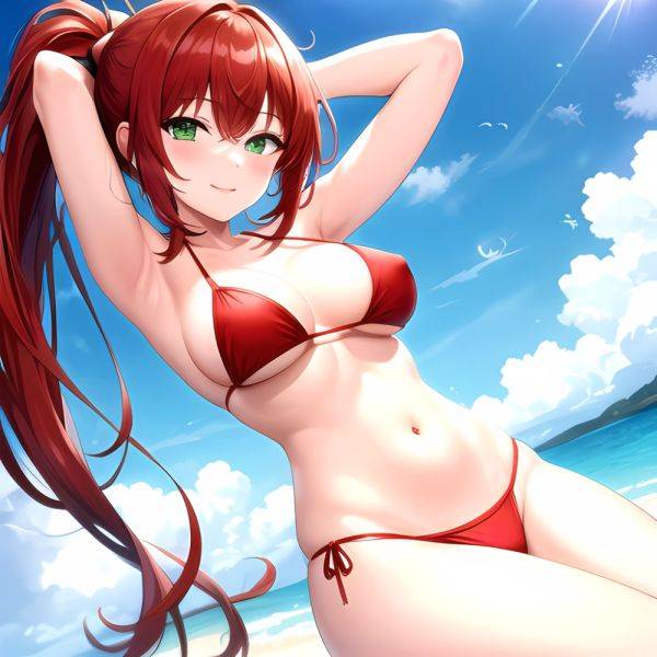 1girl Armpits Arms Behind Head Arms Up Bikini Breasts Closed Mouth Collarbone Covered Nipples Day Green Eyes Highres Jung Freud, 1880799189 - AIHentai - aihentai.co on pornintellect.com