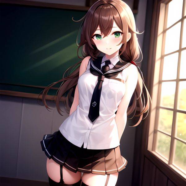 Noshiro Kancolle 1girl Anchor Symbol Asymmetrical Legwear Black Necktie Black Thighhighs Braid Brown Hair Garter Straps Green Ey, 1301898627 - AIHentai - aihentai.co on pornintellect.com