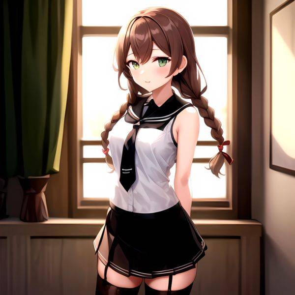 Noshiro Kancolle 1girl Anchor Symbol Asymmetrical Legwear Black Necktie Black Thighhighs Braid Brown Hair Garter Straps Green Ey, 112290300 - AIHentai - aihentai.co on pornintellect.com