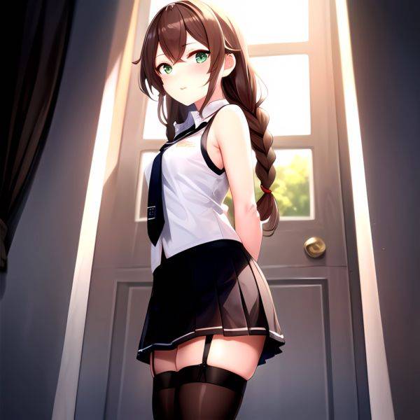 Noshiro Kancolle 1girl Anchor Symbol Asymmetrical Legwear Black Necktie Black Thighhighs Braid Brown Hair Garter Straps Green Ey, 414174884 - AIHentai - aihentai.co on pornintellect.com