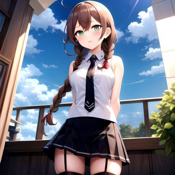 Noshiro Kancolle 1girl Anchor Symbol Asymmetrical Legwear Black Necktie Black Thighhighs Braid Brown Hair Garter Straps Green Ey, 72149359 - AIHentai - aihentai.co on pornintellect.com