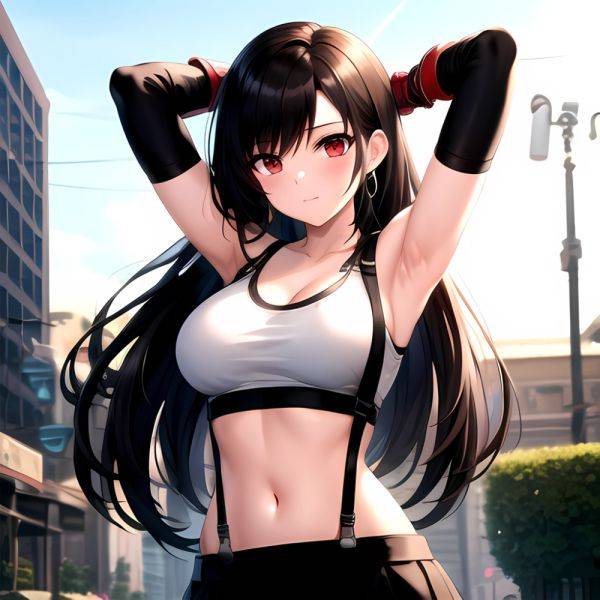 1girl Armpits Arms Behind Head Arms Up Bare Shoulders Black Gloves Black Hair Black Skirt Breasts Closed Mouth Crop Top, 3787726950 - AIHentai - aihentai.co on pornintellect.com