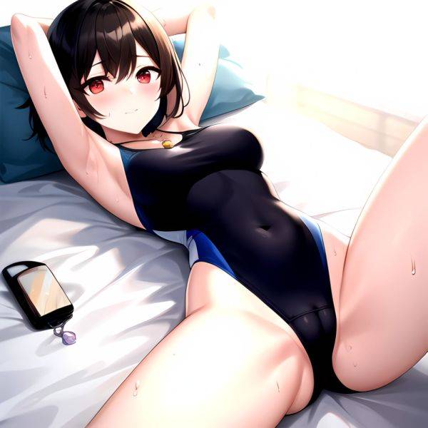 Tutinako Morino Rinze 1girl Black Hair Blush Closed Mouth Competition Swimsuit Covered Navel Heart Jewelry Looking At Self Lying, 2992070798 - AIHentai - aihentai.co on pornintellect.com