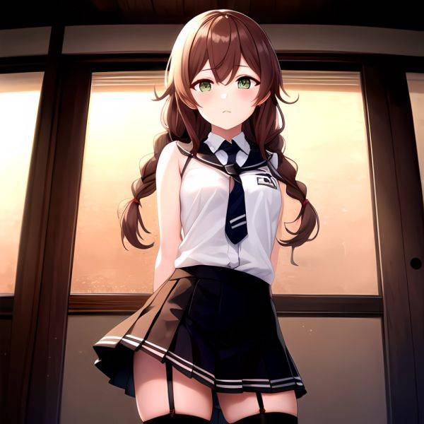 Noshiro Kancolle 1girl Anchor Symbol Asymmetrical Legwear Black Necktie Black Thighhighs Braid Brown Hair Garter Straps Green Ey, 1506856026 - AIHentai - aihentai.co on pornintellect.com