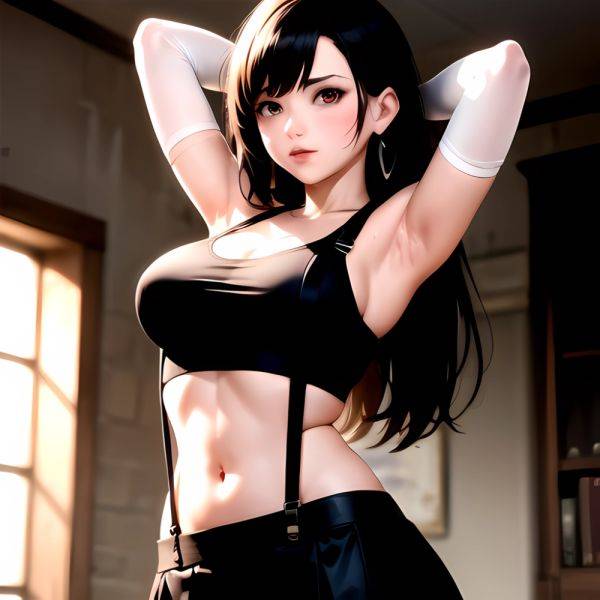 1girl Armpits Arms Behind Head Arms Up Bare Shoulders Black Gloves Black Hair Black Skirt Breasts Closed Mouth Crop Top, 895565624 - AIHentai - aihentai.co on pornintellect.com