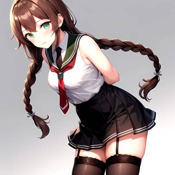 Noshiro Kancolle 1girl Anchor Symbol Asymmetrical Legwear Black Necktie Black Thighhighs Braid Brown Hair Garter Straps Green Ey, 2651493946 - AIHentai - aihentai.co on pornintellect.com