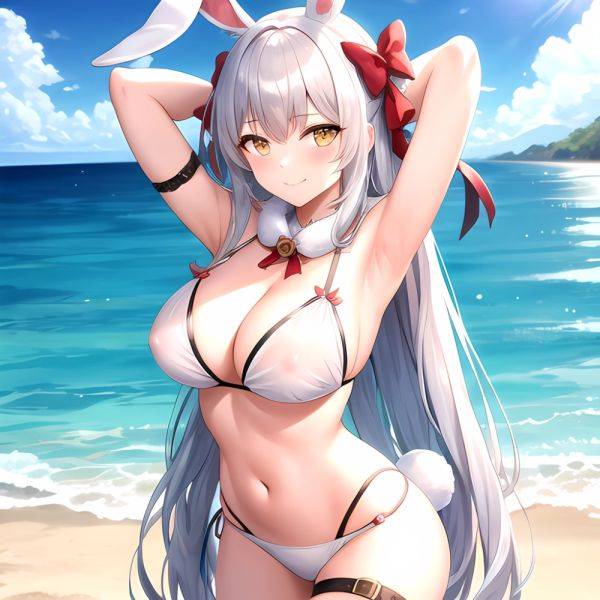 1girl Animal Ears Arms Behind Head Armpits Bare Shoulders Bikini White Bikini Blue Bow Bow Breasts Cleavage Closed Mouth Cowboy, 1866437401 - AIHentai - aihentai.co on pornintellect.com