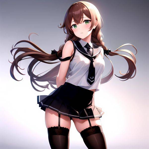 Noshiro Kancolle 1girl Anchor Symbol Asymmetrical Legwear Black Necktie Black Thighhighs Braid Brown Hair Garter Straps Green Ey, 2567655145 - AIHentai - aihentai.co on pornintellect.com