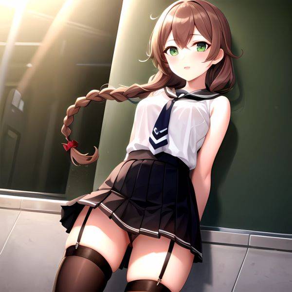 Noshiro Kancolle 1girl Anchor Symbol Asymmetrical Legwear Black Necktie Black Thighhighs Braid Brown Hair Garter Straps Green Ey, 3209581567 - AIHentai - aihentai.co on pornintellect.com