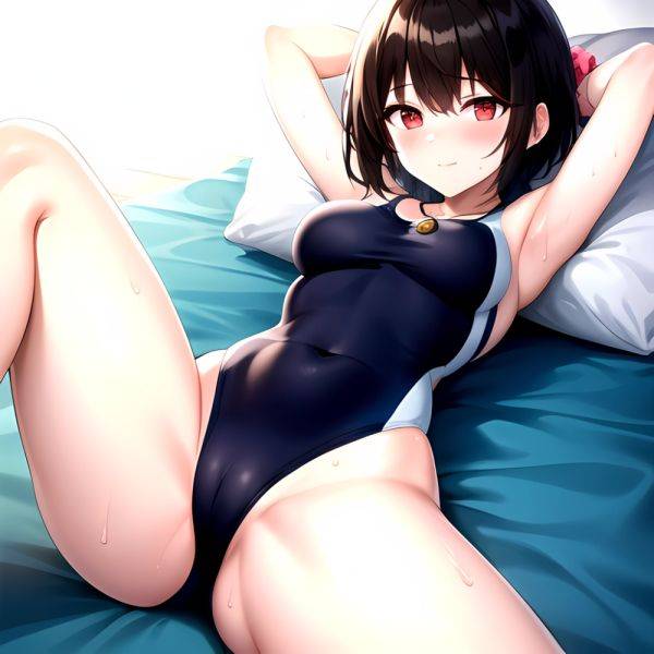 Tutinako Morino Rinze 1girl Black Hair Blush Closed Mouth Competition Swimsuit Covered Navel Heart Jewelry Looking At Self Lying, 2567742061 - AIHentai - aihentai.co on pornintellect.com