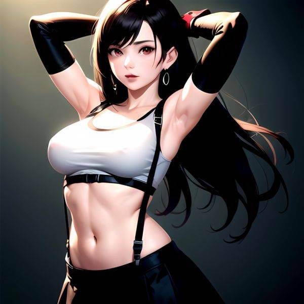 1girl Armpits Arms Behind Head Arms Up Bare Shoulders Black Gloves Black Hair Black Skirt Breasts Closed Mouth Crop Top, 2074839521 - AIHentai - aihentai.co on pornintellect.com