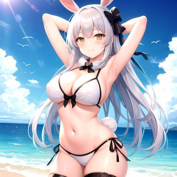 1girl Animal Ears Arms Behind Head Armpits Bare Shoulders Bikini White Bikini Blue Bow Bow Breasts Cleavage Closed Mouth Cowboy, 3737046283 - AIHentai - aihentai.co on pornintellect.com