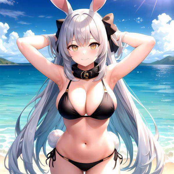 1girl Animal Ears Arms Behind Head Armpits Bare Shoulders Bikini Black Bikini Blue Bow Bow Breasts Cleavage Closed Mouth Cowboy, 2698151380 - AIHentai - aihentai.co on pornintellect.com