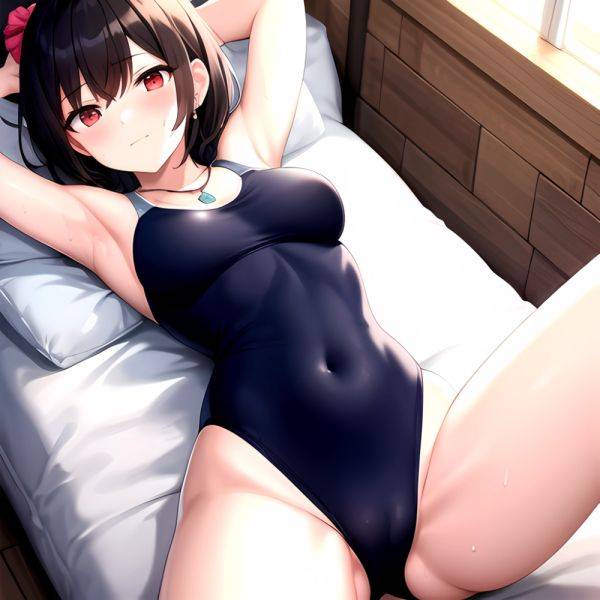 Tutinako Morino Rinze 1girl Black Hair Blush Closed Mouth Competition Swimsuit Covered Navel Heart Jewelry Looking At Self Lying, 3009372811 - AIHentai - aihentai.co on pornintellect.com