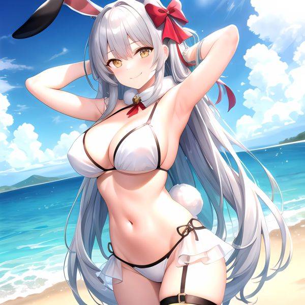 1girl Animal Ears Arms Behind Head Armpits Bare Shoulders Bikini White Bikini Blue Bow Bow Breasts Cleavage Closed Mouth Cowboy, 3546856870 - AIHentai - aihentai.co on pornintellect.com