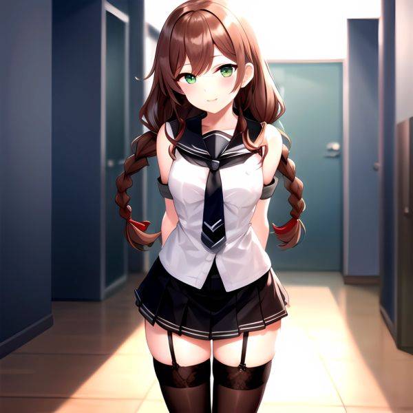 Noshiro Kancolle 1girl Anchor Symbol Asymmetrical Legwear Black Necktie Black Thighhighs Braid Brown Hair Garter Straps Green Ey, 1686018311 - AIHentai - aihentai.co on pornintellect.com