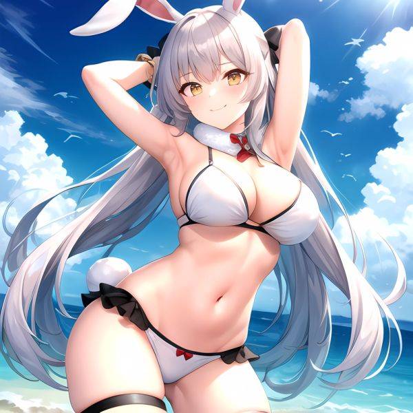 1girl Animal Ears Arms Behind Head Armpits Bare Shoulders Bikini White Bikini Blue Bow Bow Breasts Cleavage Closed Mouth Cowboy, 237085914 - AIHentai - aihentai.co on pornintellect.com