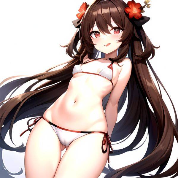 1girl Q Absurdres Arms Behind Back Bikini Blush Breasts Brown Hair Cameltoe Cleft Of Venus Covered Nipples Cowboy Shot Flower, 3099859135 - AIHentai - aihentai.co on pornintellect.com