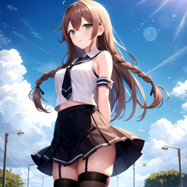 Noshiro Kancolle 1girl Anchor Symbol Asymmetrical Legwear Black Necktie Black Thighhighs Braid Brown Hair Garter Straps Green Ey, 1590104233 - AIHentai - aihentai.co on pornintellect.com