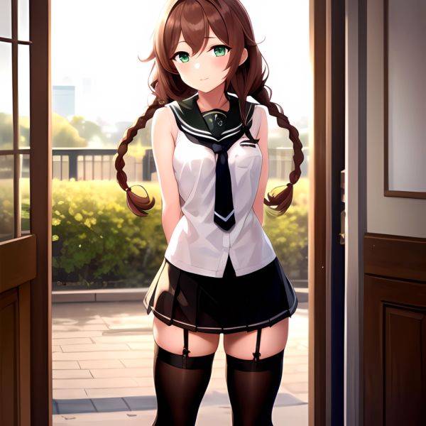 Noshiro Kancolle 1girl Anchor Symbol Asymmetrical Legwear Black Necktie Black Thighhighs Braid Brown Hair Garter Straps Green Ey, 1357588730 - AIHentai - aihentai.co on pornintellect.com