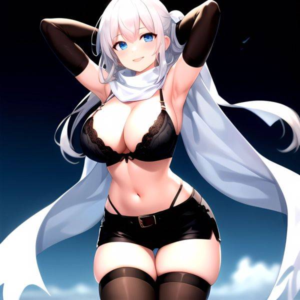 1girl Armpits Arms Behind Head Belt Black Bra Black Gloves Black Pantyhose Blue Eyes Blurry Blurry Background Bra Breasts Curvy, 2726451965 - AIHentai - aihentai.co on pornintellect.com