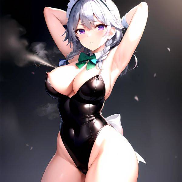 Izayoi Sakuya 1girl Armpits Blue Leotard Bow Braid Breasts Covered Nipples Expressionless Gloves Green Bow Grey Hair Large Breas, 1893277954 - AIHentai - aihentai.co on pornintellect.com