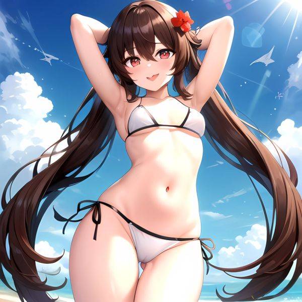 1girl Q Absurdres Arms Behind Back Bikini Blush Breasts Brown Hair Cameltoe Cleft Of Venus Covered Nipples Cowboy Shot Flower, 3792305290 - AIHentai - aihentai.co on pornintellect.com