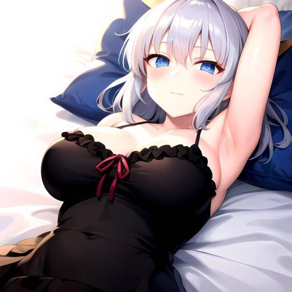 Yumi Senran Kagura 1girl Armpits Arms Behind Head Black Ribbon Blue Eyes Blush Breasts Closed Mouth Collarbone Frills Grey Hair, 3567242139 - AIHentai - aihentai.co on pornintellect.com