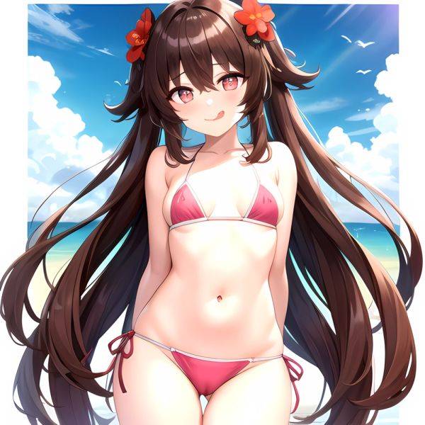 1girl Q Absurdres Arms Behind Back Bikini Blush Breasts Brown Hair Cameltoe Cleft Of Venus Covered Nipples Cowboy Shot Flower, 3077724501 - AIHentai - aihentai.co on pornintellect.com