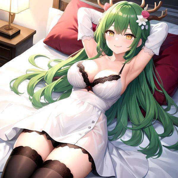 1girl Alternate Costume Antlers Armpits Arms Behind Head Bed Sheet Black Bra Black Thighhighs Bra Branch Breasts Ceres Fauna Cle, 2687733271 - AIHentai - aihentai.co on pornintellect.com