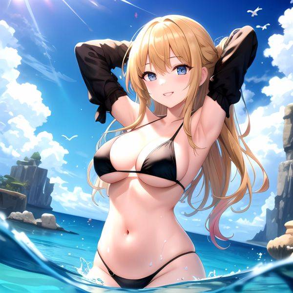 Empress Last Origin 1girl Armpits Arms Behind Head Bikini Bird Black Bikini Blonde Hair Blue Sky Breasts Cloud Gradient Hair, 694169740 - AIHentai - aihentai.co on pornintellect.com