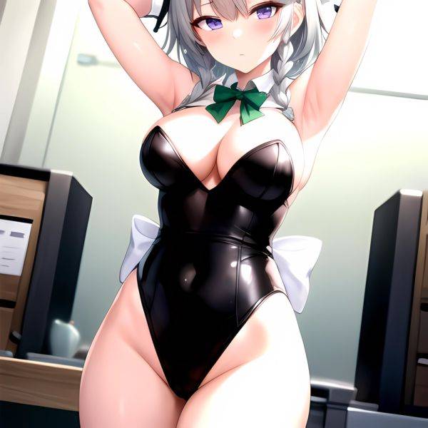 Izayoi Sakuya 1girl Armpits Blue Leotard Bow Braid Breasts Expressionless Gloves Green Bow Grey Hair Large Breasts Latex Latex G, 3578531446 - AIHentai - aihentai.co on pornintellect.com