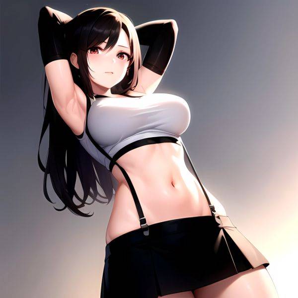 1girl Armpits Arms Behind Head Arms Up Bare Shoulders Black Gloves Black Hair Black Skirt Breasts Closed Mouth Crop Top, 2666204860 - AIHentai - aihentai.co on pornintellect.com