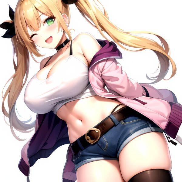 1girl D Bare Shoulders Belt Black Choker Black Thighhighs Blonde Hair Blue Shorts Blush Breasts Brown Belt Choker Cleavage Cowbo, 386532214 - AIHentai - aihentai.co on pornintellect.com