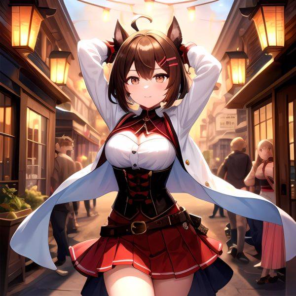 Nanashi Mumei Nanashi Mumei 1st Costume 1girl Ahoge Arms Behind Head Arms Up Belt Brown Corset Brown Eyes Brown Hair, 1349271916 - AIHentai - aihentai.co on pornintellect.com