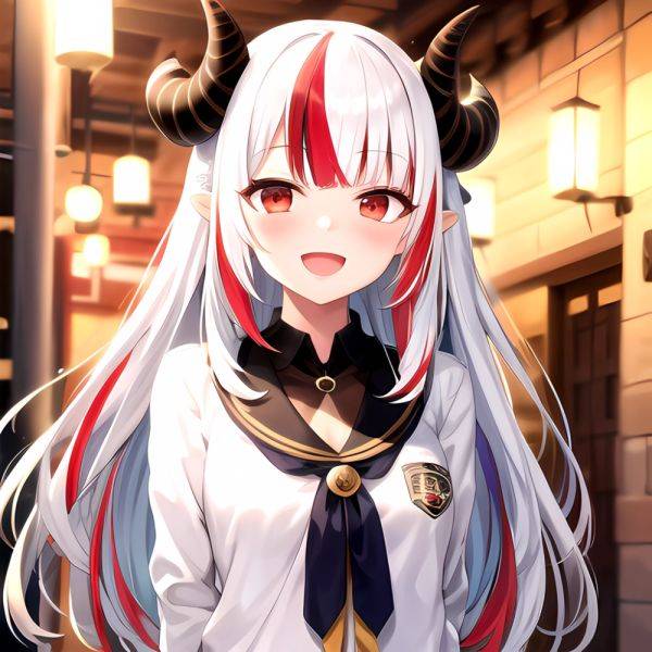 1girl Hololive Horns Long Hair Multicolored Hair Nakiri Ayame Open Mouth Smile Solo Streaked Hair Tonton Utaro White Hair Arms, 1980439333 - AIHentai - aihentai.co on pornintellect.com