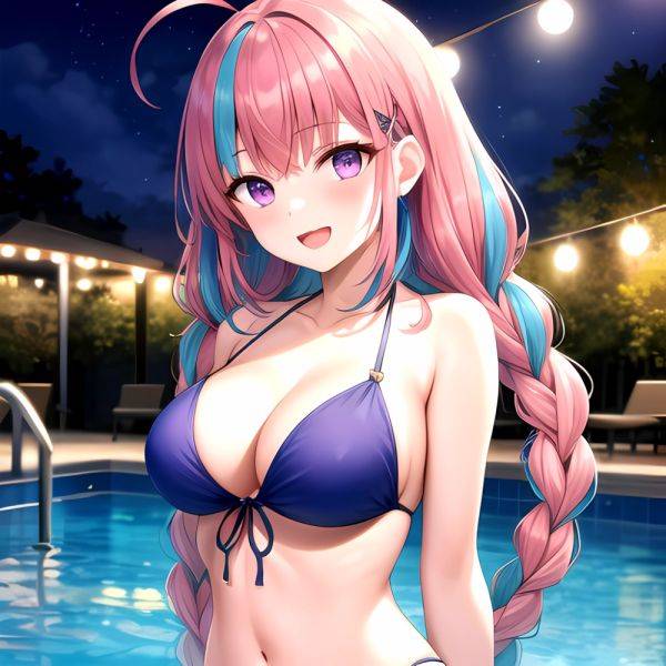 1girl Ahoge Bare Shoulders Bikini Blue Bikini Blue Hair Blush Braid Breasts Cleavage Colored Inner Hair Front Tie Bikini Top, 346306298 - AIHentai - aihentai.co on pornintellect.com