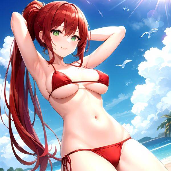 1girl Armpits Arms Behind Head Arms Up Bikini Breasts Closed Mouth Collarbone Covered Nipples Day Green Eyes Highres Jung Freud, 1844516459 - AIHentai - aihentai.co on pornintellect.com