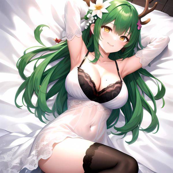 1girl Alternate Costume Antlers Armpits Arms Behind Head Bed Sheet Black Bra Black Thighhighs Bra Branch Breasts Ceres Fauna Cle, 3816588601 - AIHentai - aihentai.co on pornintellect.com