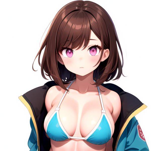 1girl Abs Bikini Breasts Brown Hair Colored Skin Jacket Large Breasts Muscular Muscular Female Pink Eyes Solo Swimsuit White Bac, 735096046 - AIHentai - aihentai.co on pornintellect.com