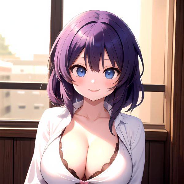 Yumi Senran Kagura 1girl Blue Eyes Breasts Cleavage Large Breasts Looking At Viewer Medium Breasts Paizuri Purple Hair Smile Upp, 1471556334 - AIHentai - aihentai.co on pornintellect.com