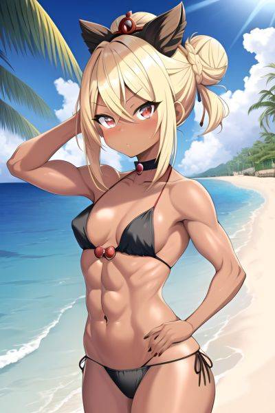 Anime Muscular Small Tits 20s Age Shocked Face Blonde Hair Bun Hair Style Dark Skin Illustration Beach Front View Bathing Geisha - AI Hentai - aihentai.co on pornintellect.com