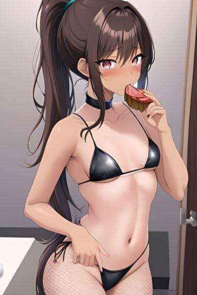 Anime Skinny Small Tits 18 Age Shocked Face Brunette Ponytail Hair Style Dark Skin Crisp Anime Strip Club Close Up View Eating Fishnet - AI Hentai - aihentai.co on pornintellect.com