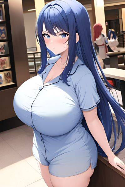 Anime Chubby Huge Boobs 30s Age Serious Face Blue Hair Straight Hair Style Light Skin Film Photo Mall Side View Gaming Pajamas - AI Hentai - aihentai.co on pornintellect.com