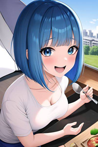Anime Busty Small Tits 50s Age Laughing Face Blue Hair Bobcut Hair Style Light Skin Cyberpunk Tent Close Up View Cooking Teacher - AI Hentai - aihentai.co on pornintellect.com